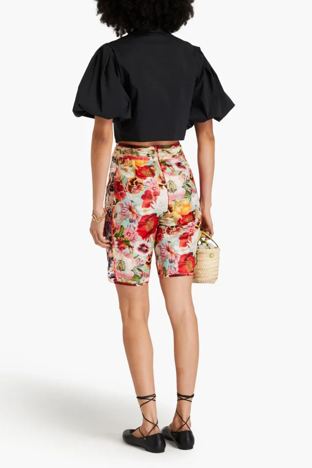 Zimmermann Floral-Print Silk and Linen-Blend Satin Shorts in Red, photo 3 of 4 from THE OUTNET
