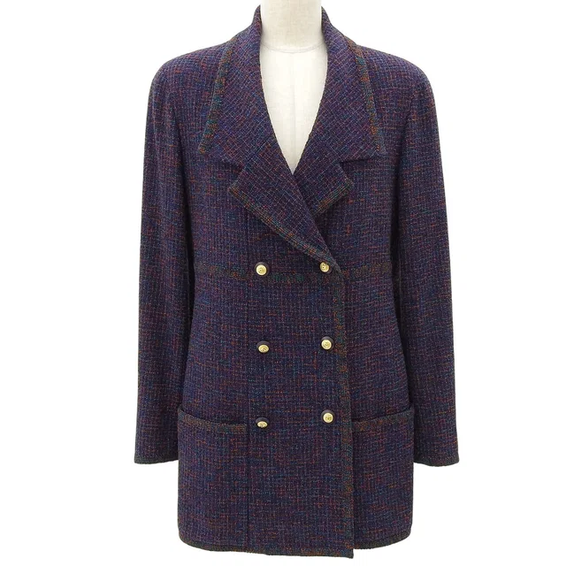 Chanel 1993 Tweed CC Mark Button Double-Breasted Jacket #38 Purple in Purple Tweed from VINTAGE QOO TOKYO