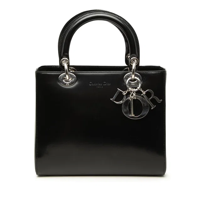 Black Dior Medium Glazed Calfskin Lady Dior Satchel in Black Calfskin from Designer Revival