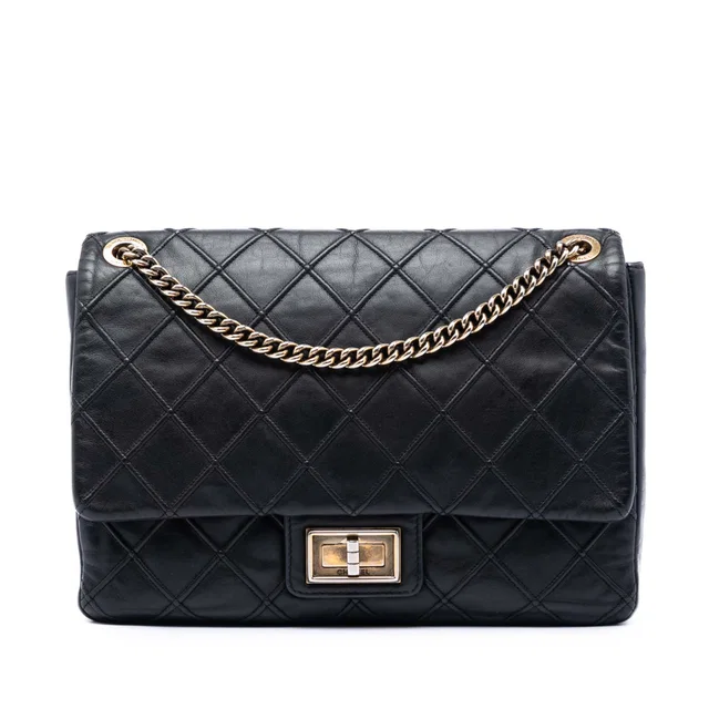 Black Chanel Large Diamond Debossed Calfskin Reissue 2.55 Cosmos Flap Shoulder Bag in Black Calfskin from Designer Revival