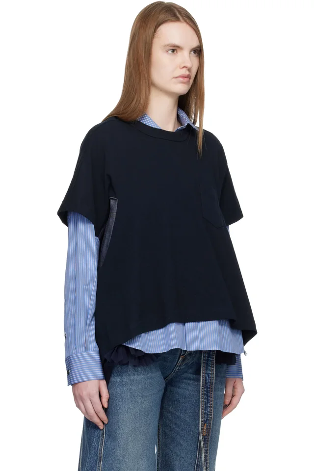 sacai Navy Light Weight Denim & Cotton Jersey T-shirt, photo 2 of 2 from SSENSE