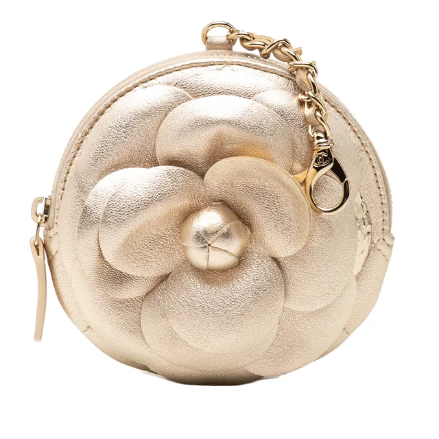 Gold Chanel Mini CC Metallic Lambskin Camellia Bouquet Round Zip Coin Pouch in Gold Lambskin from Designer Revival