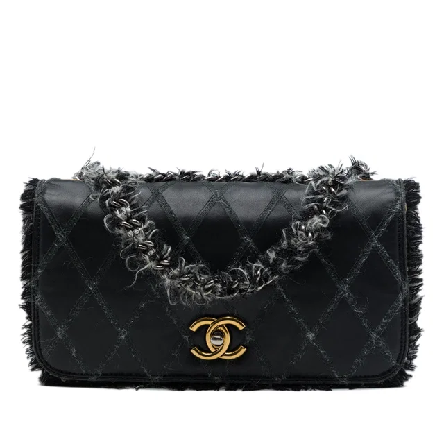 Black Chanel CC Quilted Lambskin Tweedy Flap Shoulder Bag in Black Lambskin from Designer Revival