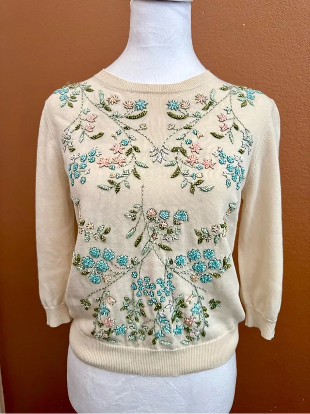 REDValentino Cream Floral Beaded & Sequined Embellished Sweater in blue Denim from Poshmark