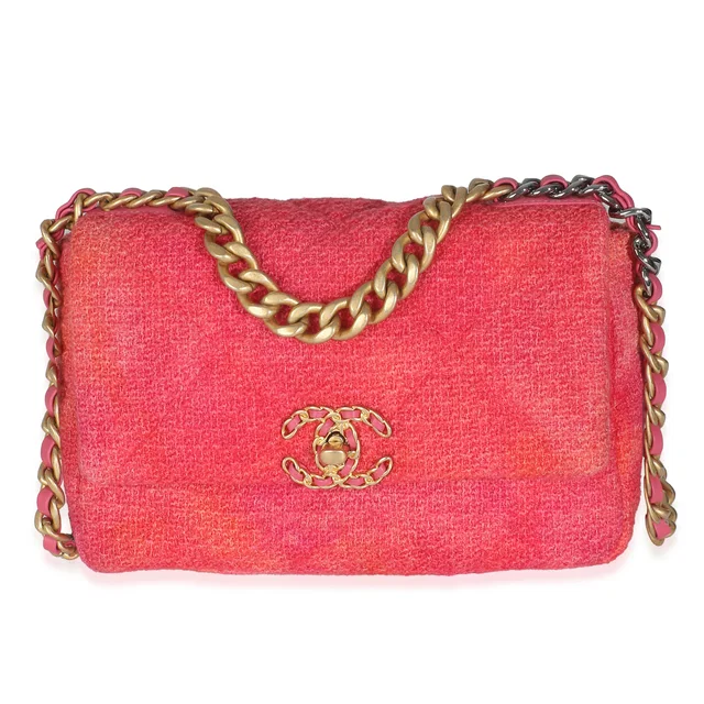 Coral Pink Tweed Quilted Medium Chanel 19 Flap Bag in Pink Tweed from myGemma