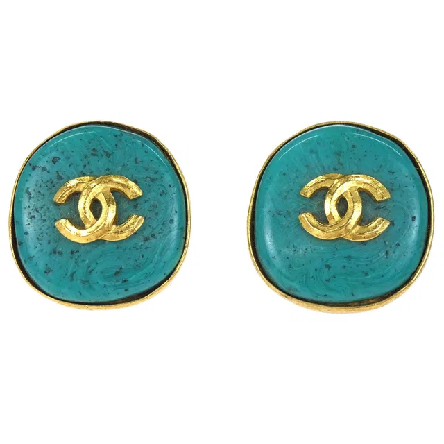 Chanel Button Clip-On Earrings Stone Gold Turquoise Blue 98P in Blue from AMORE Vintage Tokyo