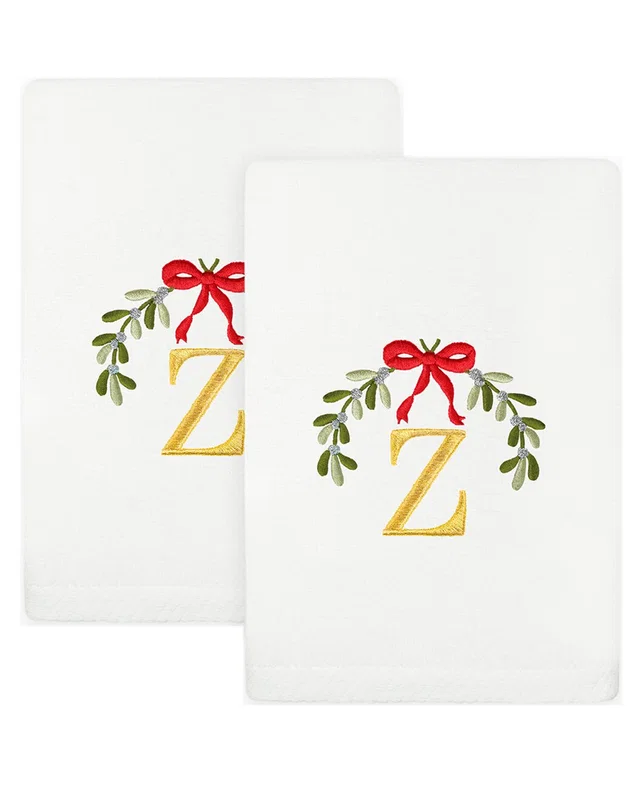 Linum Home Textiles Set of 2 Christmas Mistletoe Monogram Embroidered Luxury Turkish Cotton Hand Towels (A-Z), image 1 of 1 from Rue La La