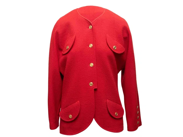 Vintage Red Chanel Boutique Wool Jacket Size US L in Red Wool from Designer Revival
