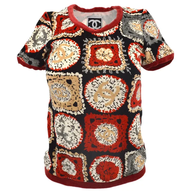 Chanel Short Sleeve Tops Red Black 09P in Black Nylon from AMORE Vintage Tokyo