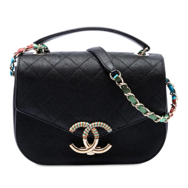 Black Chanel Paris Cuba Small Quilted Caviar Thread Around Flap Satchel in Black Caviar leather from Designer Revival