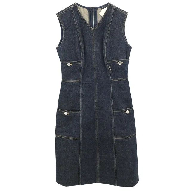 Chanel Sleeveless Denim Dress Navy #38 in Navy Denim from AMORE Vintage Tokyo
