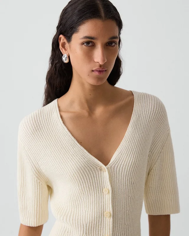 Theory Slim Cardigan in Ribbed Cotton in IVORY, photo 11 of 12 from Theory
