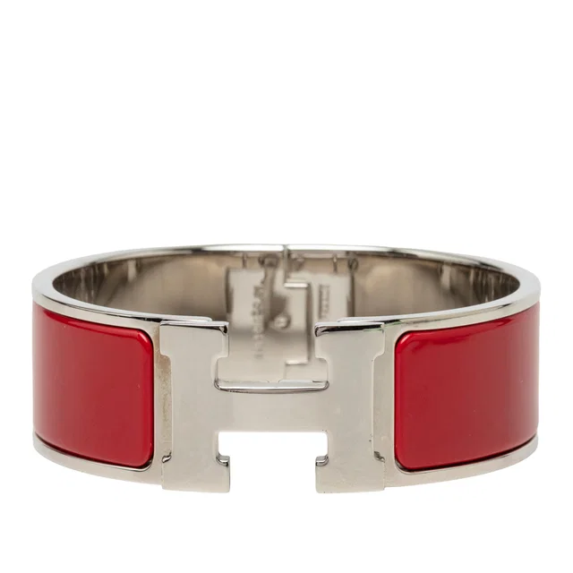 Red Hermès Wide Enamel Clic Clac H Bracelet PM in Red from Designer Revival