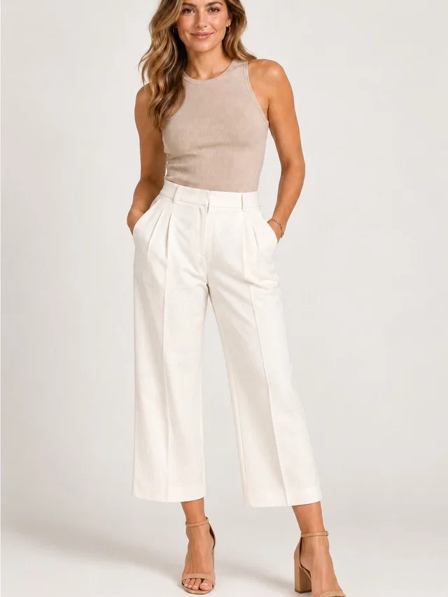 Christian Lacroix Cream Wide-Leg Pleated Cropped Trousers, Size 8 in White Silk from Poshmark