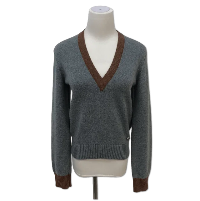Chanel Grey V-Neck Brown-Trim Knit Sweater size 36 in Brown from Luxury Promise