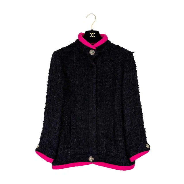 Chanel Vintage Gripoa Coco Button Piping Tweed Jacket Pink Navy Silk 42 P43 Rtw in Navy Tweed from Luxury Promise