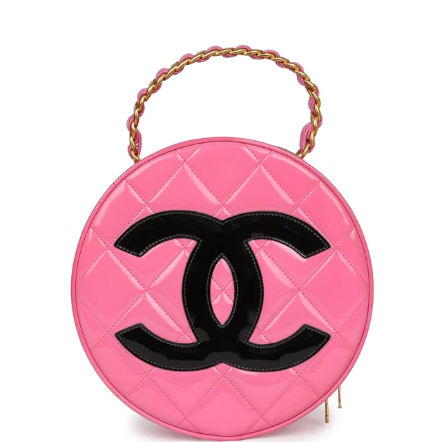Chanel Vintage Round Vanity Bag Pink, Black Patent Leather Antique Gold Hardware in Black Patent leather from Madison Avenue Couture