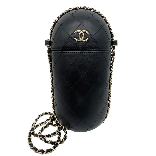Chanel Interlocking CC Logo Quilted Lambskin Leather Chain Around Phone Holder Black in Black Lambskin from Dallas Designer Handbags