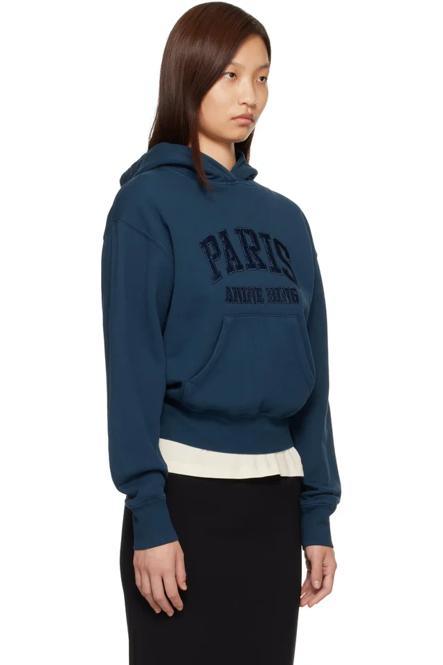 ANINE BING Navy Debbie Shrunken 'Paris' Hoodie, photo 2 of 4 from SSENSE
