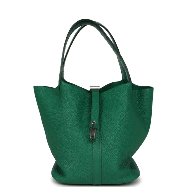 Hermès Picotin Lock 22 Vert Vertigo Clemence and Matte Alligator Touch Palladium Hardware in Green Clemence leather from Madison Avenue Couture