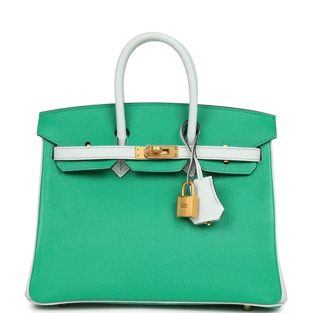 Hermès Special Order (HSS) Birkin 25 Bi-Color Menthe, Bleu Brume Chevre Mysore Brushed Gold Hardware in Green/Blue Chevre from Madison Avenue Couture