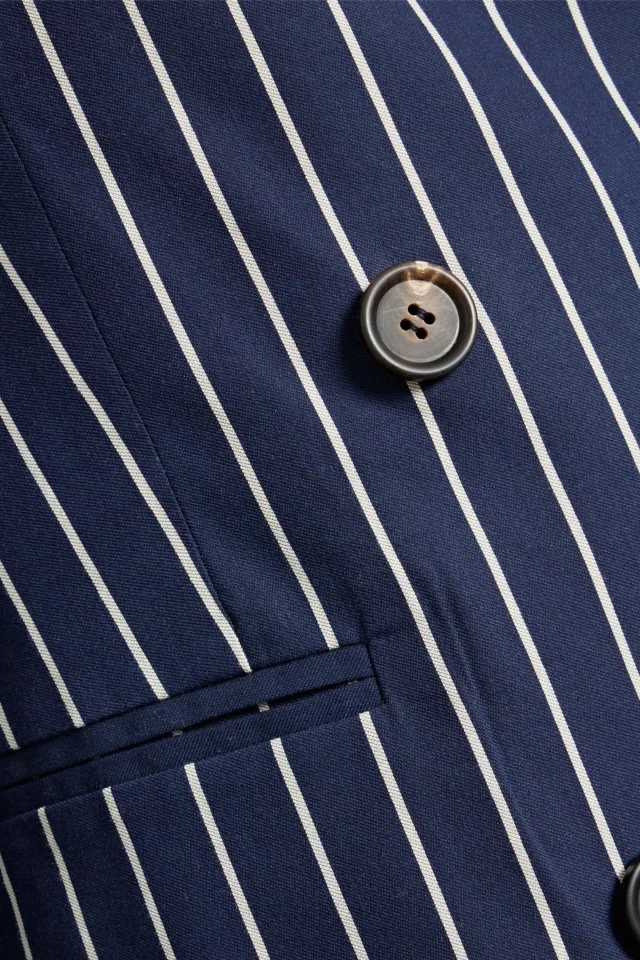 Brunello Cucinelli Striped Cotton and Silk-Blend Double-Breasted Blazer in Blue, photo 4 of 4 from THE OUTNET