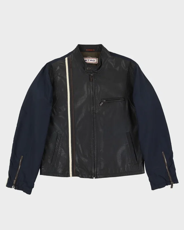 90s ETRO Black / Navy Leather Jacket - L in Black Leather from Rokit Vintage