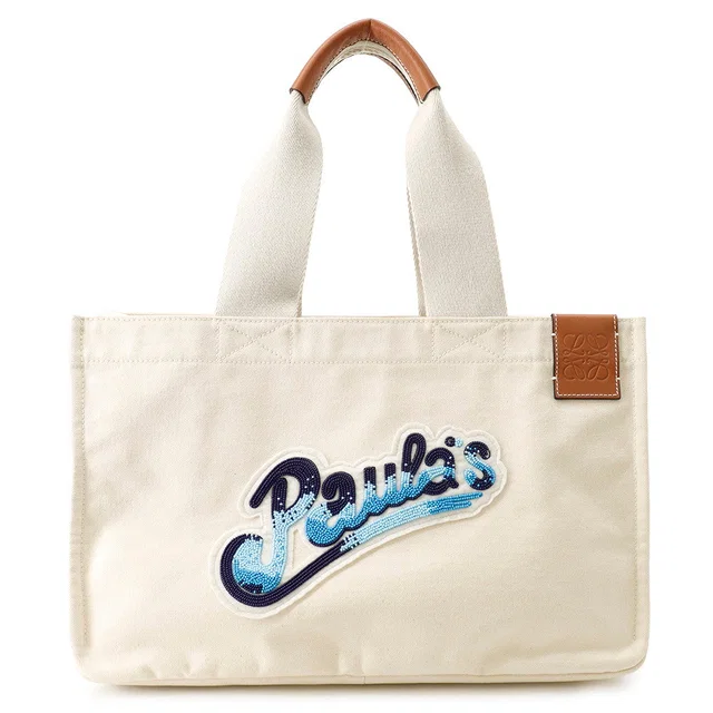 Loewe Paula Ibiza Canvas Tote Bag Ivory/Blue/BrownA716C68X02 Canvas Leather in White Canvas from GALLERY RARE