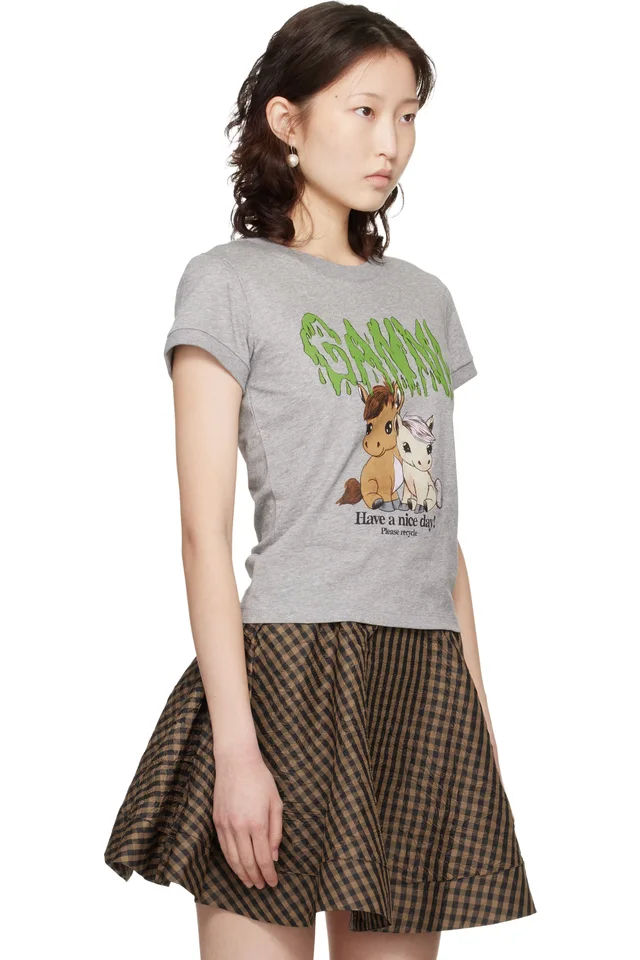 GANNI Gray Graphic Cotton T-shirt, photo 2 of 4 from SSENSE