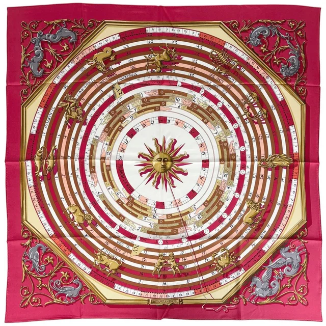Hermès Carre 90 Dies Et Hore Scarf Astrology Sun Silk Pink Multicolor in Pink Silk from The Reluxe
