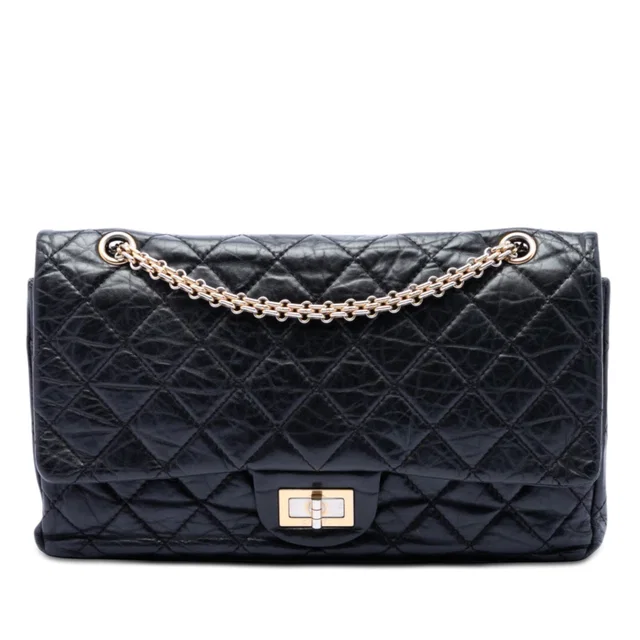 Black Chanel Quilted Aged Calfskin Reissue 2.55 Double Flap 227 Shoulder Bag in Black Calfskin from Designer Revival