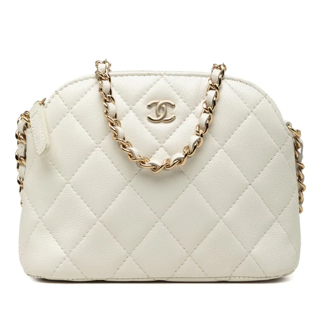White Chanel Mini CC Quilted Caviar Dome Clutch with Chain Crossbody Bag in White Caviar leather from Designer Revival
