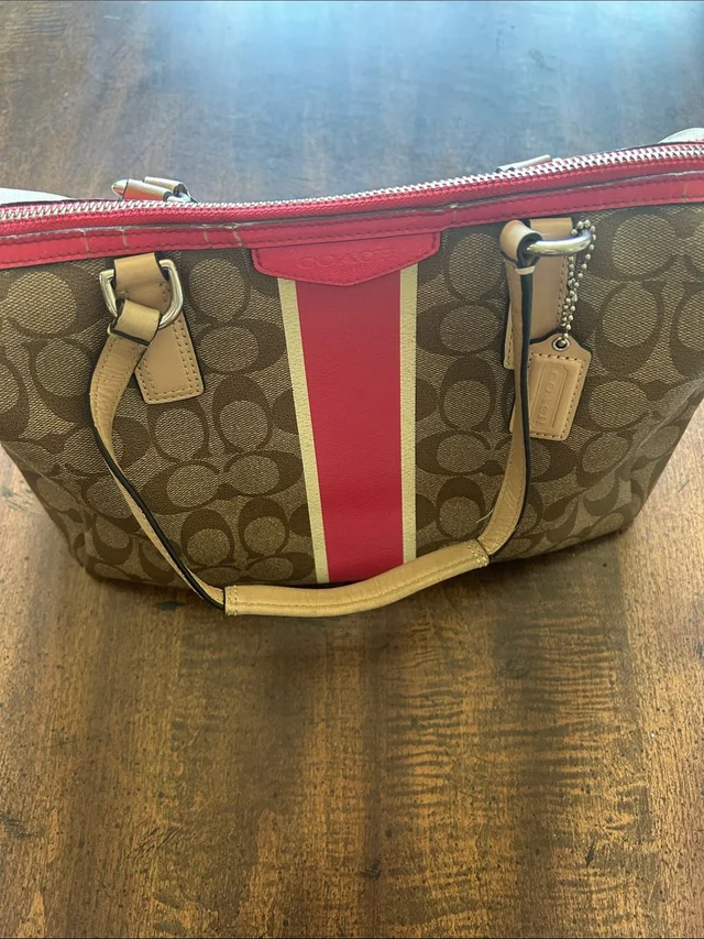 Coach Brown Signature Canvas Tote With Pink And Cream Center Stripe in brown|pink|neutral Canvas from Poshmark