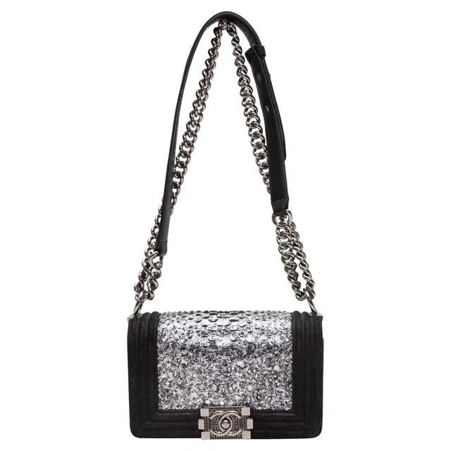 Black & Silver Chanel Snakeskin & Leather Small Boy Bag in Black Leather from Designer Revival