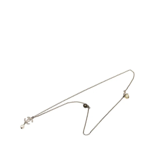 Silver Chanel CC Brass Strass and Faux Pearl Pendant Necklace in Silver from Designer Revival