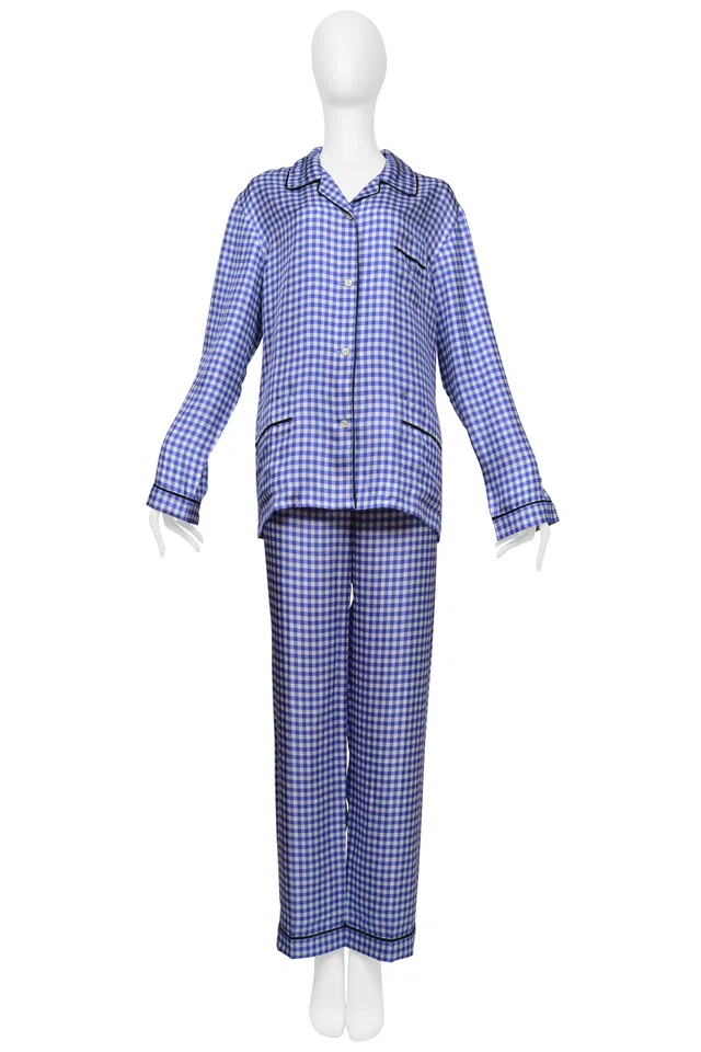 Prada Silk Blue And White Checkered Pajama Ensemble With Black Piping 2022 in Black Silk from Resurrection Vintage