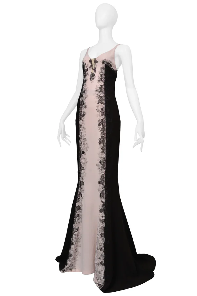 Bottega Veneta Black And Blush Pink Gown With Lace Detailing And Long Train in Black Silk from Resurrection Vintage, photo 3 of 8