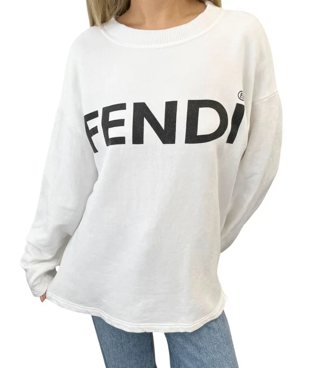 Fendi Vintage Big Logo Sweatshirt Top #40 White Cotton Pullover Long Sleeve in White from Luxury Promise