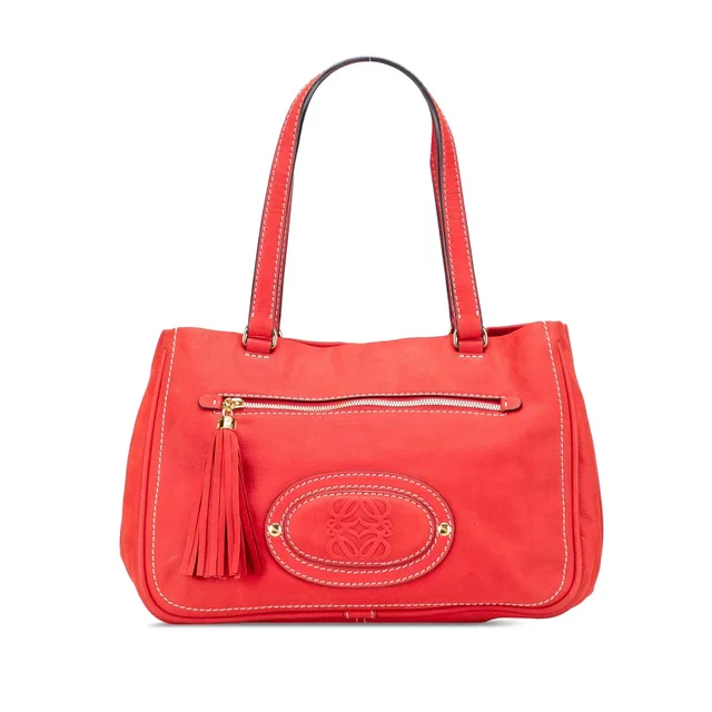 Red LOEWE Nubuck Anagram Madrid Fringe Shoulder Bag in Red Suede from Designer Revival