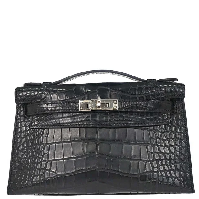 Hermès Black Matt Alligator Kelly Pochette Handbag in Black Crocodile from AMORE Vintage Tokyo