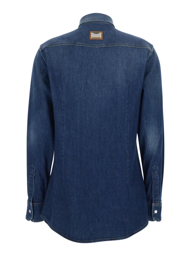 DOLCE E GABBANA blue Shirt with classic collar and metallic logo patch on the back in denim for women in Black, photo 3 of 6 from Gaudenzi Boutique