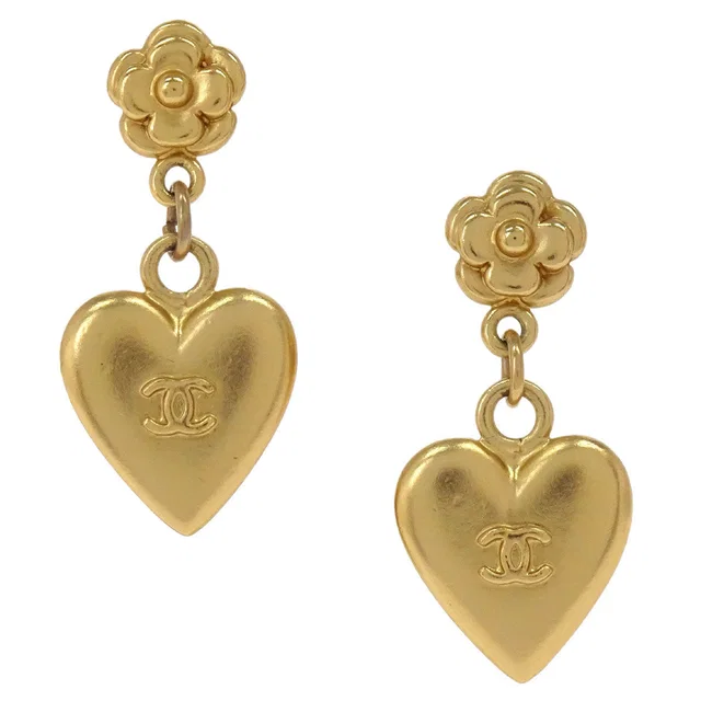 Chanel Flower Dangle Heart Pierced Earrings Gold 02P in Gold from AMORE Vintage Tokyo