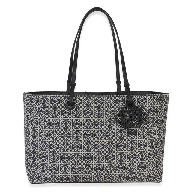 Loewe Navy Black Jacquard Anagram East West Tote Beige; Blue Canvas Handbag in Black Canvas from HEWI