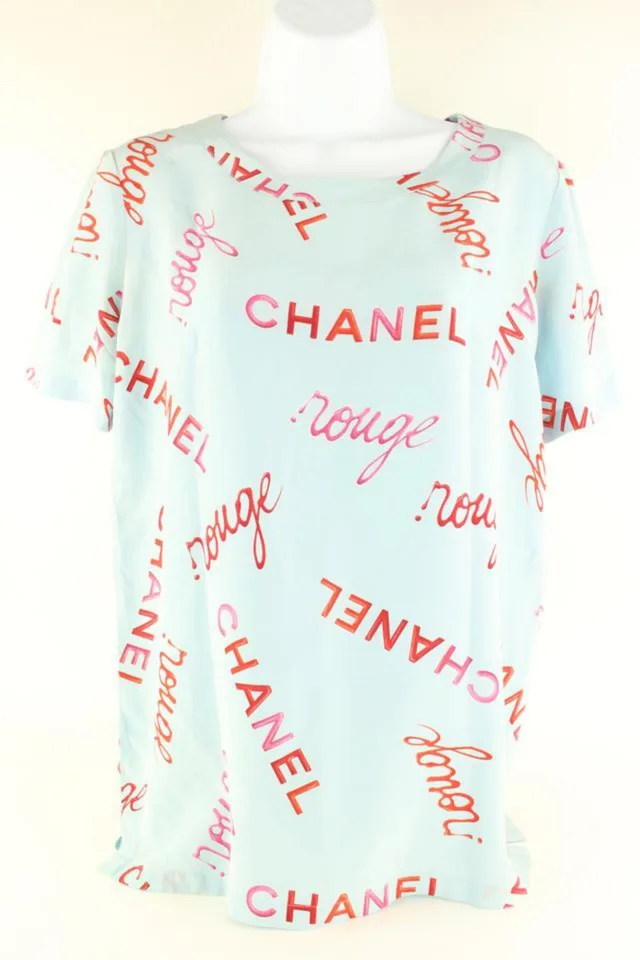 Chanel Size 38 96P Rouge Coco All Over Blue Silk Top Blouse Shirt in Red Silk from Bagriculture