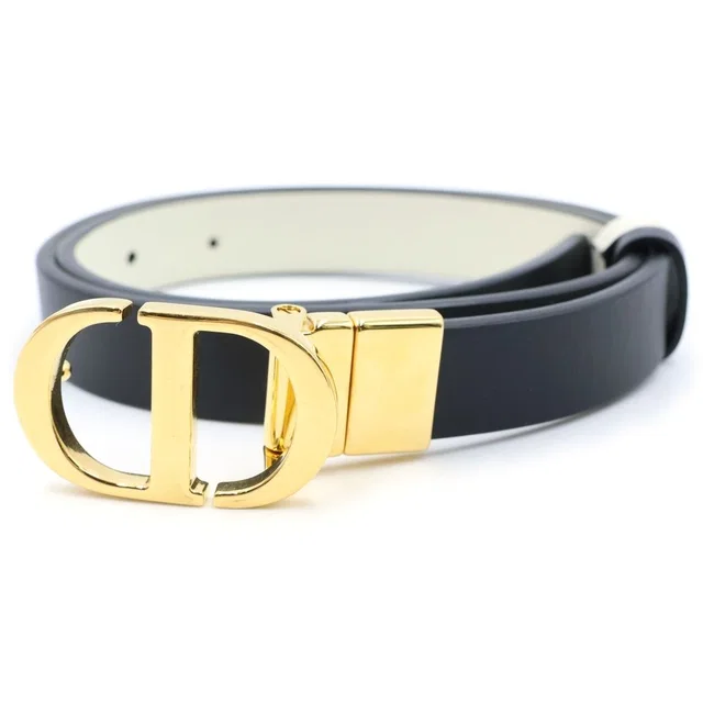 Dior CD Logo Buckle Leather Belt Gold Black White in Black Leather from The Reluxe