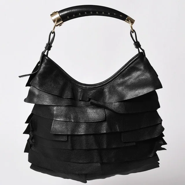 Saint Laurent Tropez Bag Black Ruffle Leather Logo Shoulder Gold in Black Leather from The Reluxe