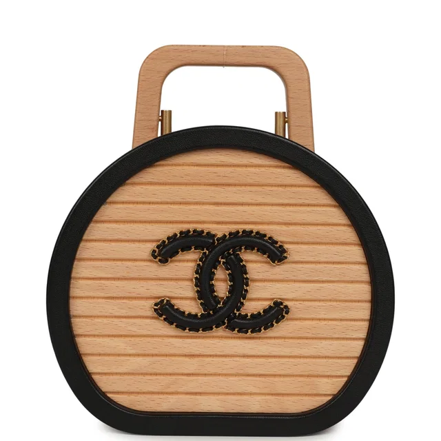 Chanel Small Round CC Vanity Case Tan Beechwood, Black Calfskin Antique Gold Hardware in Black Calfskin from Madison Avenue Couture
