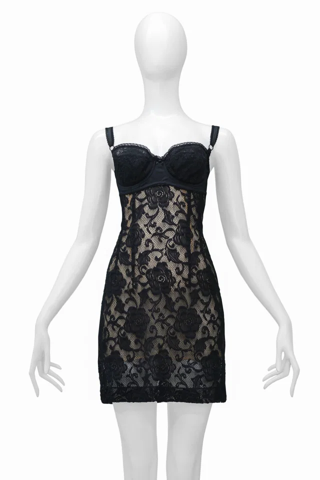 Dolce & Gabbana Dolce Black Lace Sheer Bra Dress With Nude Underlay in Black Nylon from Resurrection Vintage