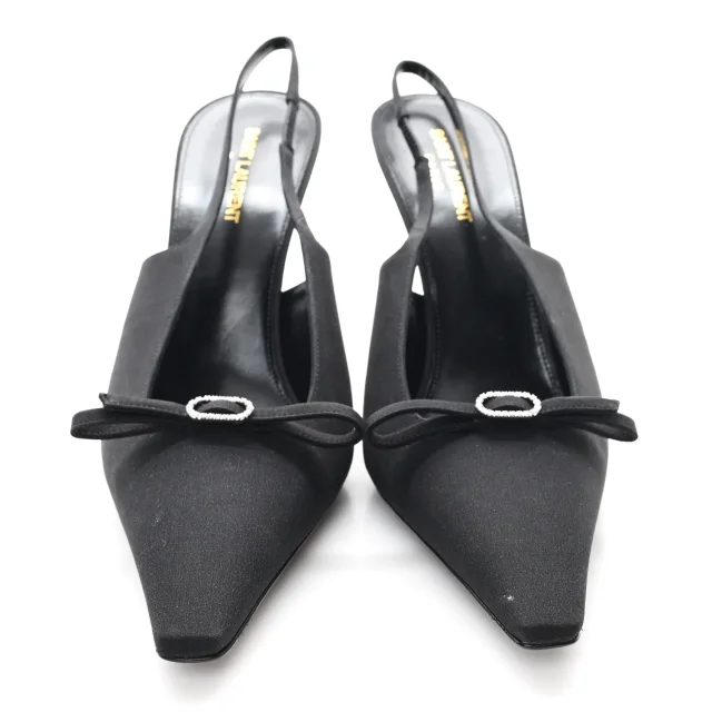 Saint Laurent Crepe De Chine Crystal Bow Slingback Pumps 41.5 Black in Black from FASHIONPHILE, photo 2 of 10