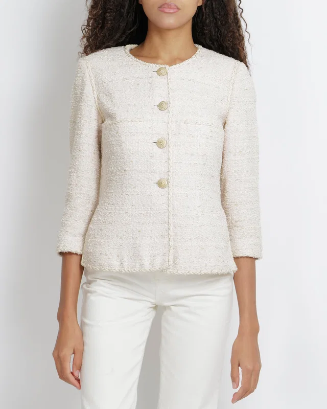 Chanel Cream Tweed Jacket with Gold Crystal Embellished CC Logo Buttons Size FR 40 (UK 12) in White Tweed from Sellier